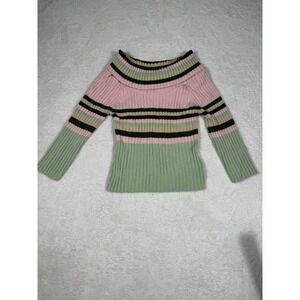 GASCO Striped Off Shoulder Sweater Womens‎ L Pink Green Y2K Vintage Ribbed Knit